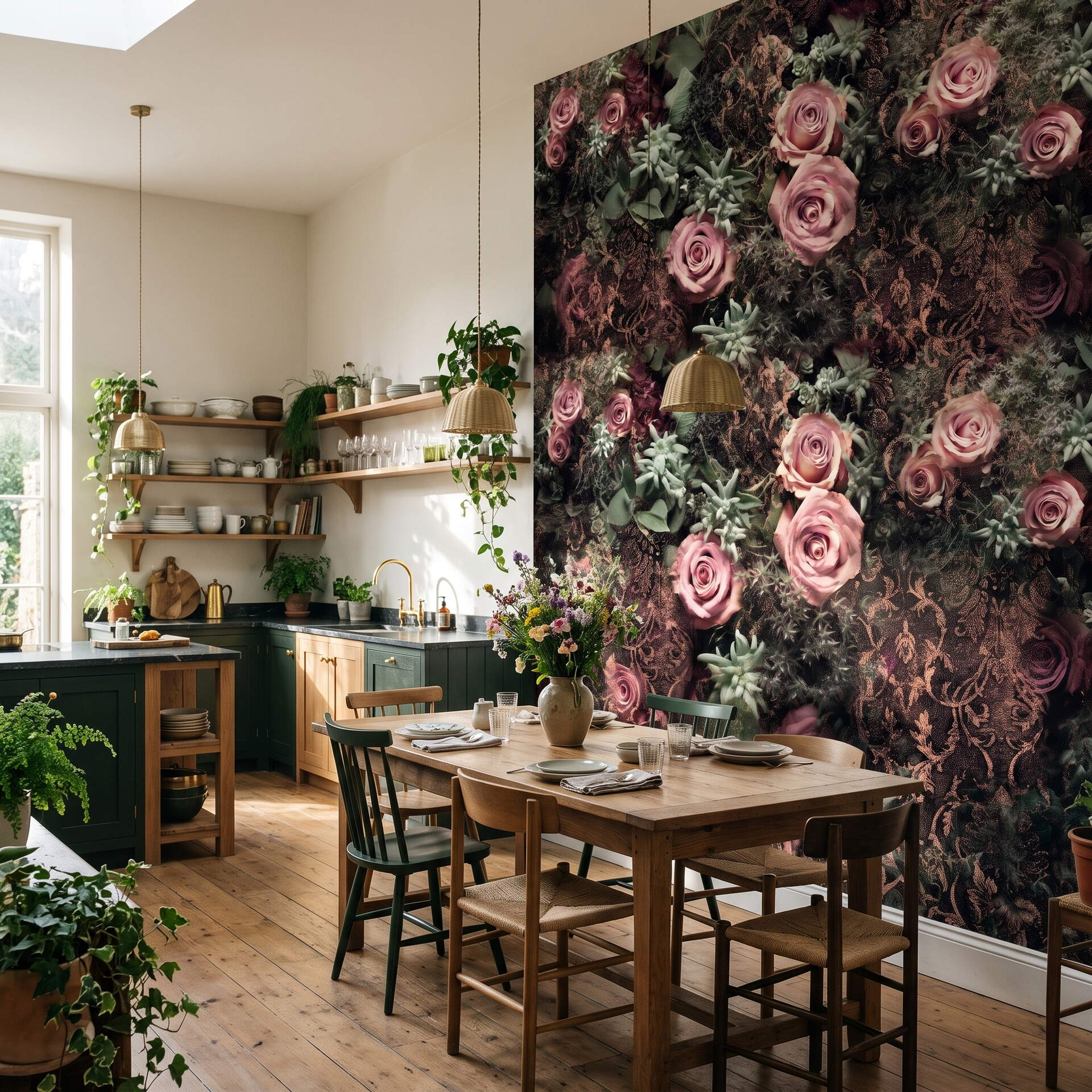 Koyu Zeminli Pembe Güllü Damask Desenli Salon Duvar Kağıdı