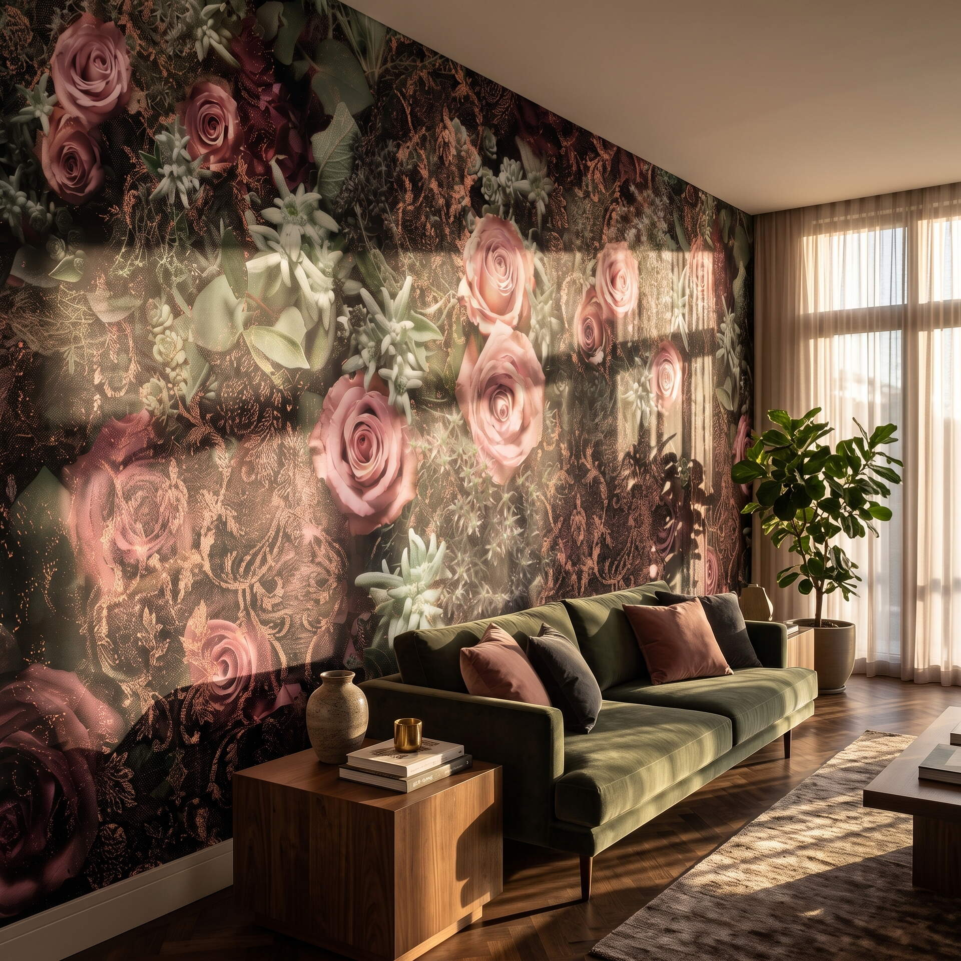 Koyu Zeminli Pembe Güllü Damask Desenli Salon Duvar Kağıdı