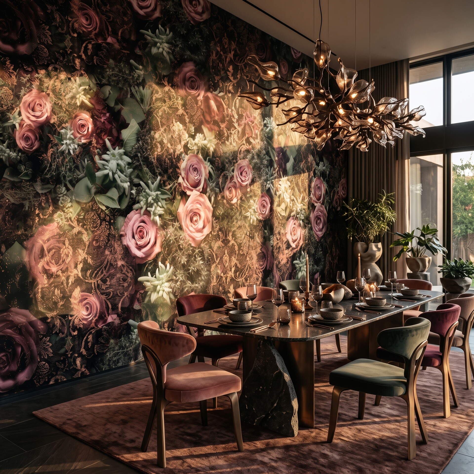 Koyu Zeminli Pembe Güllü Damask Desenli Salon Duvar Kağıdı