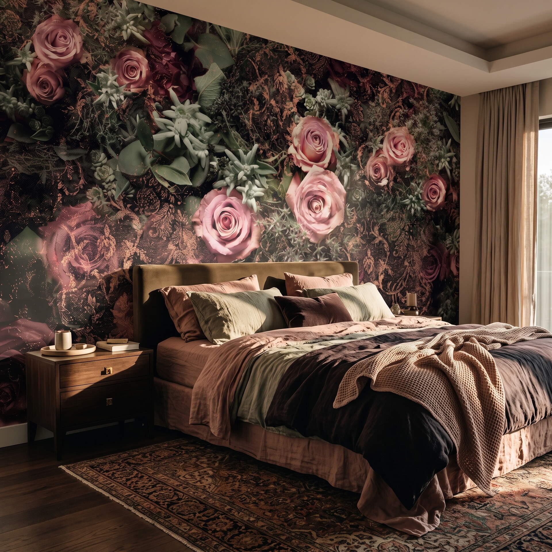 Koyu Zeminli Pembe Güllü Damask Desenli Salon Duvar Kağıdı