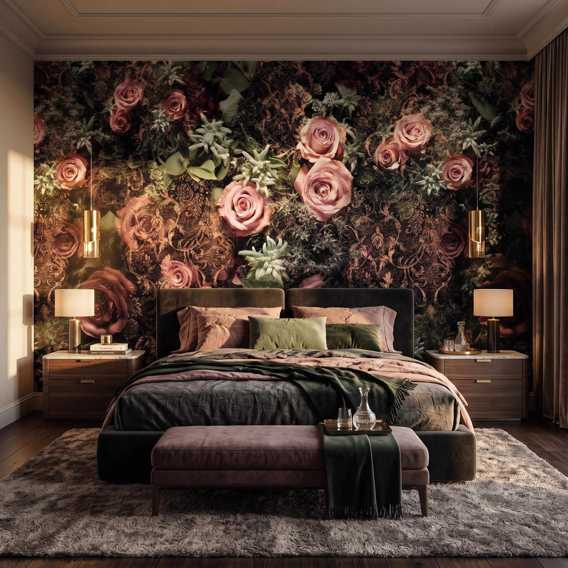 Koyu Zeminli Pembe Güllü Damask Desenli Salon Duvar Kağıdı