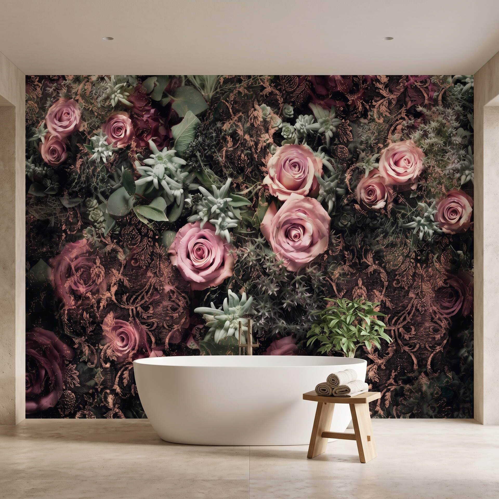 Koyu Zeminli Pembe Güllü Damask Desenli Salon Duvar Kağıdı