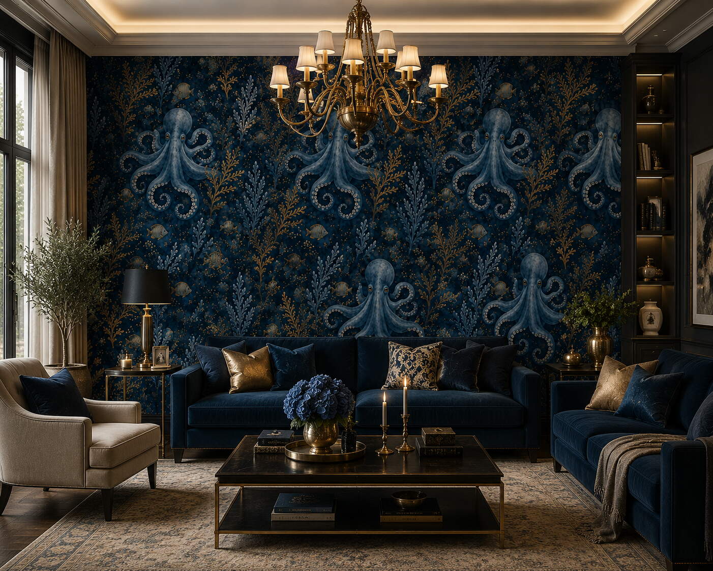 Lacivert Ahtapot Desenli Altın Detaylı Salon Duvar Kağıdı