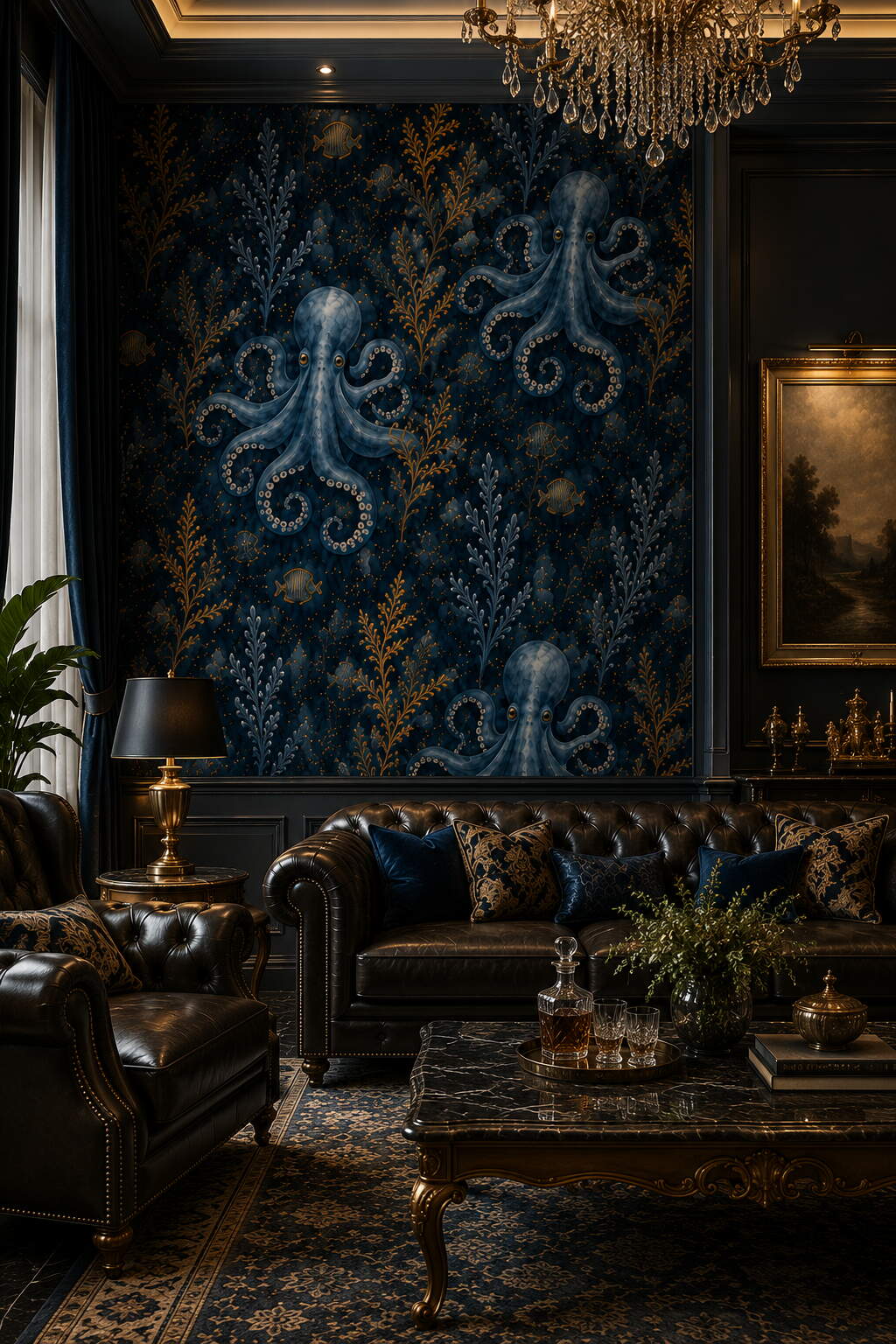 Lacivert Ahtapot Desenli Altın Detaylı Salon Duvar Kağıdı