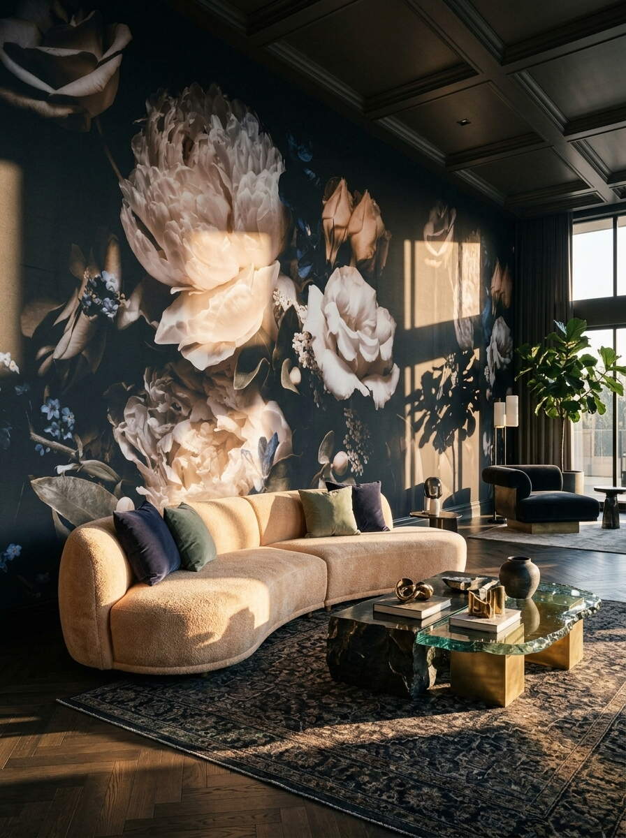 Lacivert Zeminli Klasik Pembe Şakayık Barok Salon Duvar Kağıdı