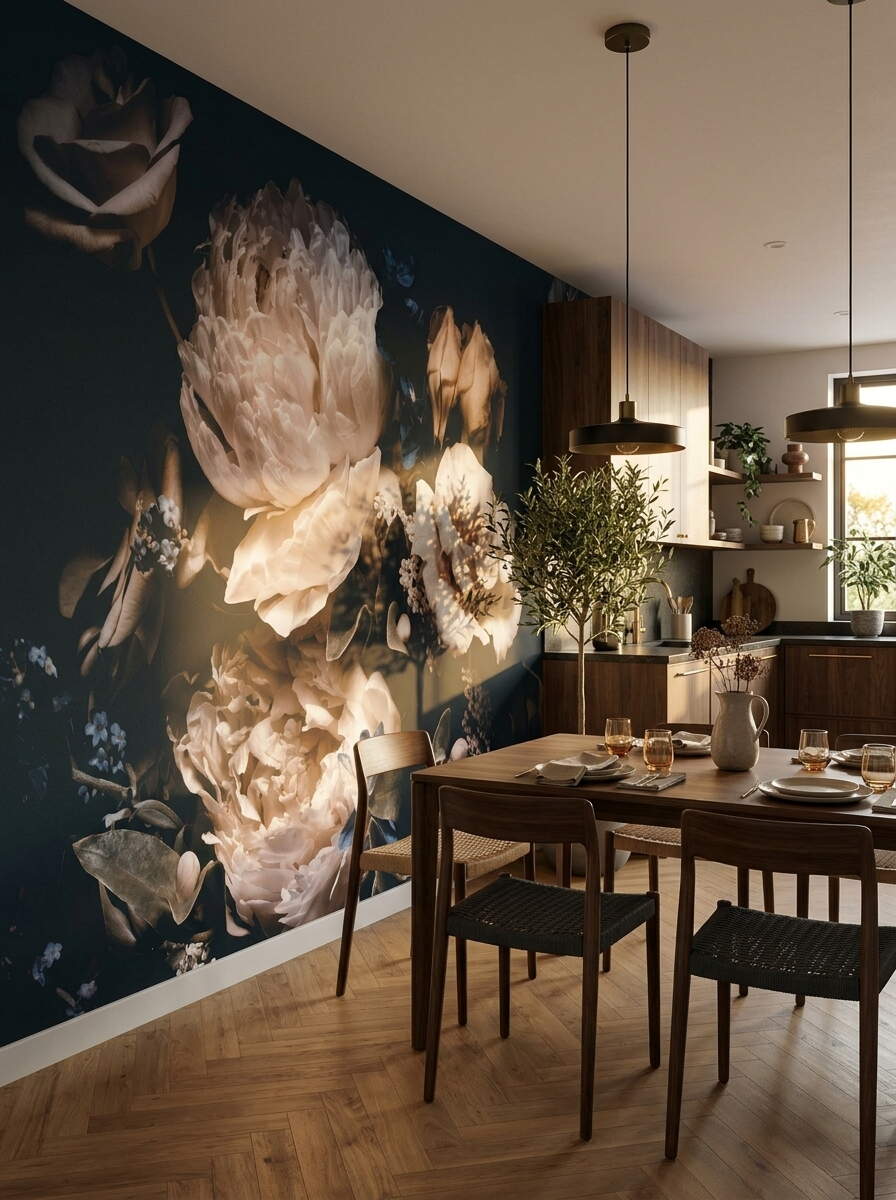 Lacivert Zeminli Klasik Pembe Şakayık Barok Salon Duvar Kağıdı