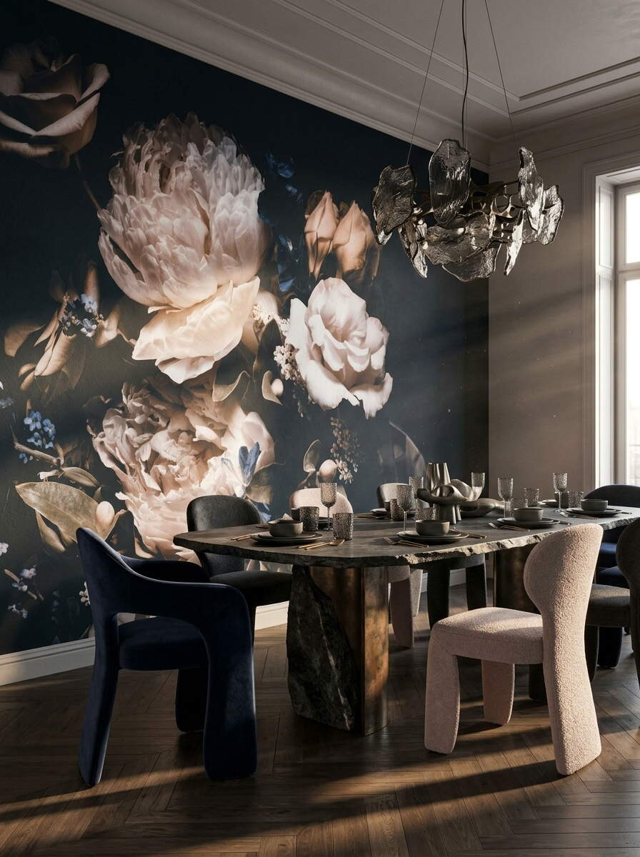 Lacivert Zeminli Klasik Pembe Şakayık Barok Salon Duvar Kağıdı