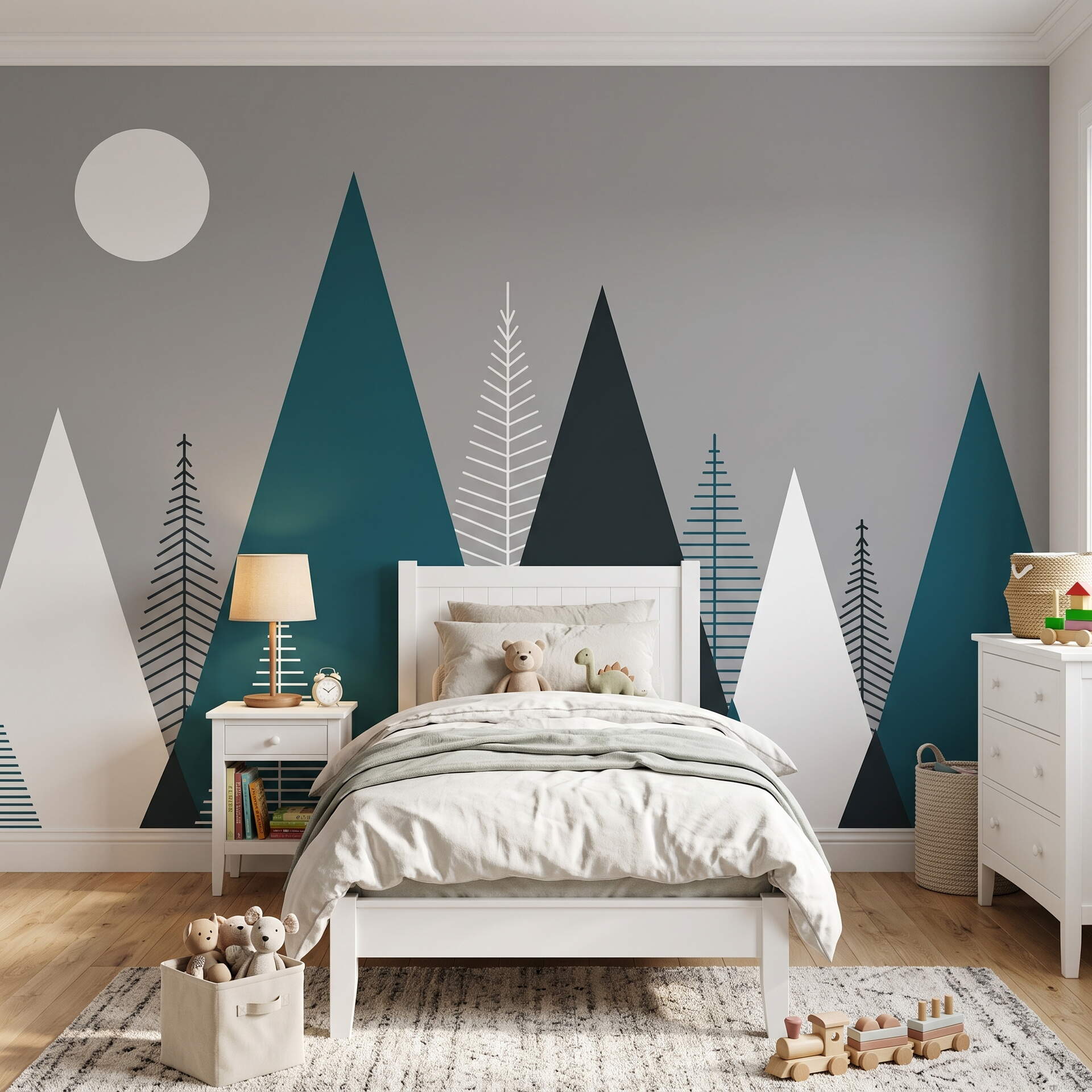 Modern Geometrik Dağ Ve Çam Ağacı Çocuk Odası Duvar Kağıdı