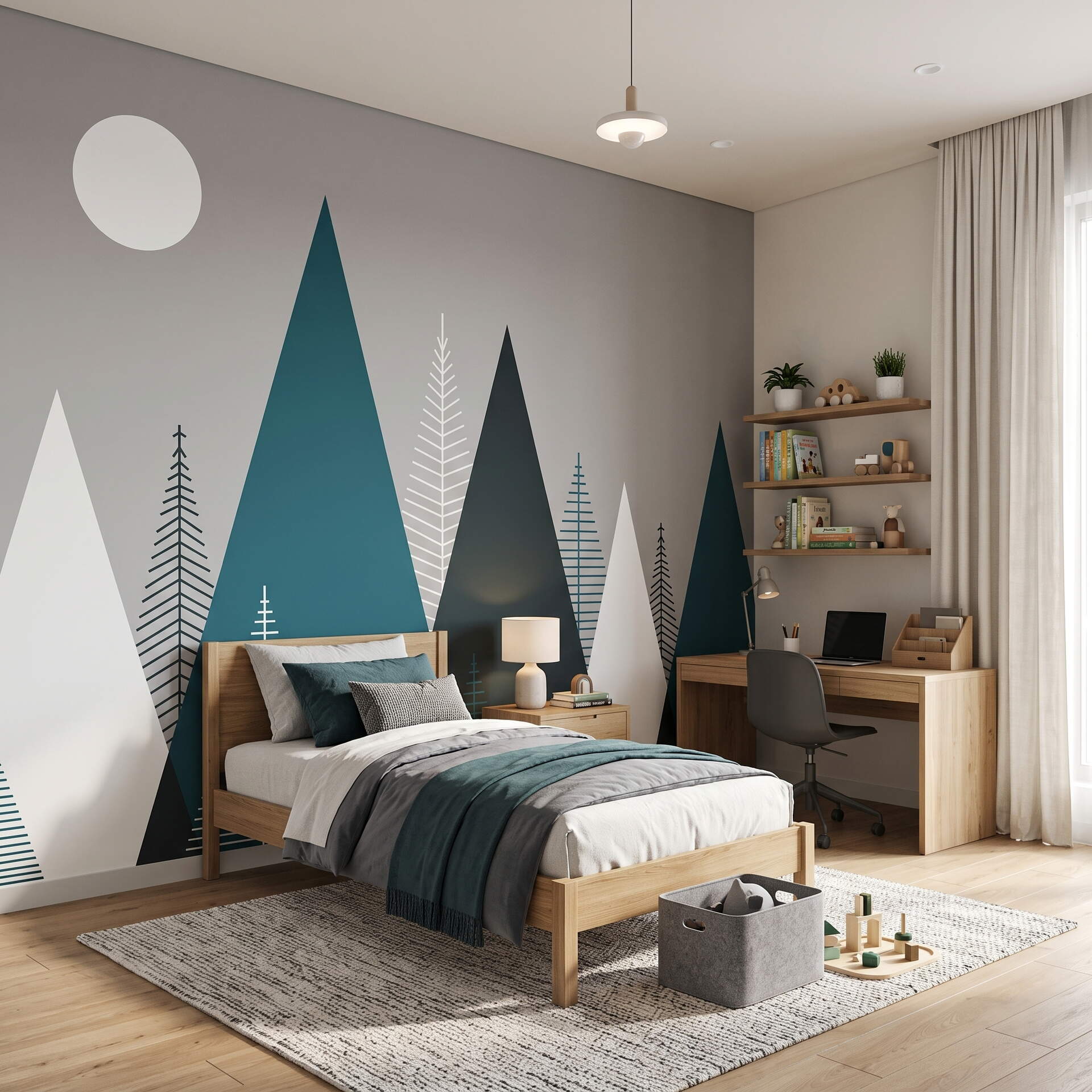 Modern Geometrik Dağ Ve Çam Ağacı Çocuk Odası Duvar Kağıdı