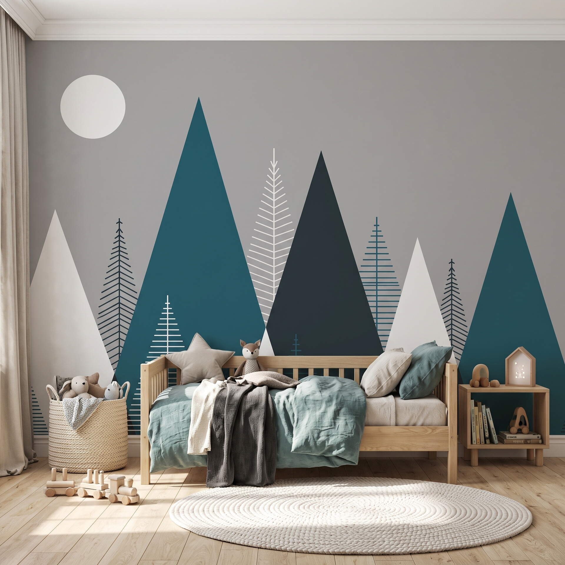 Modern Geometrik Dağ Ve Çam Ağacı Çocuk Odası Duvar Kağıdı