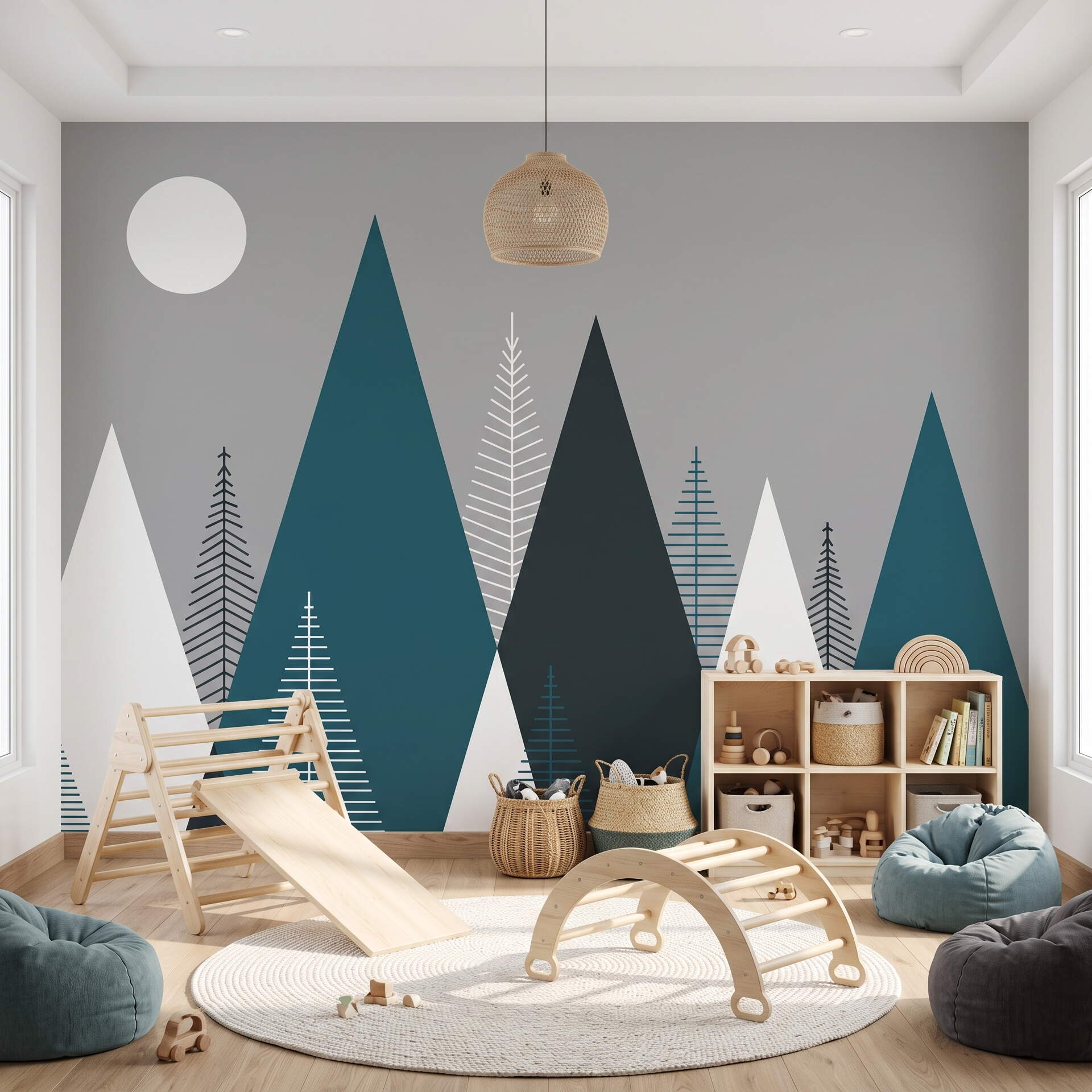 Modern Geometrik Dağ Ve Çam Ağacı Çocuk Odası Duvar Kağıdı
