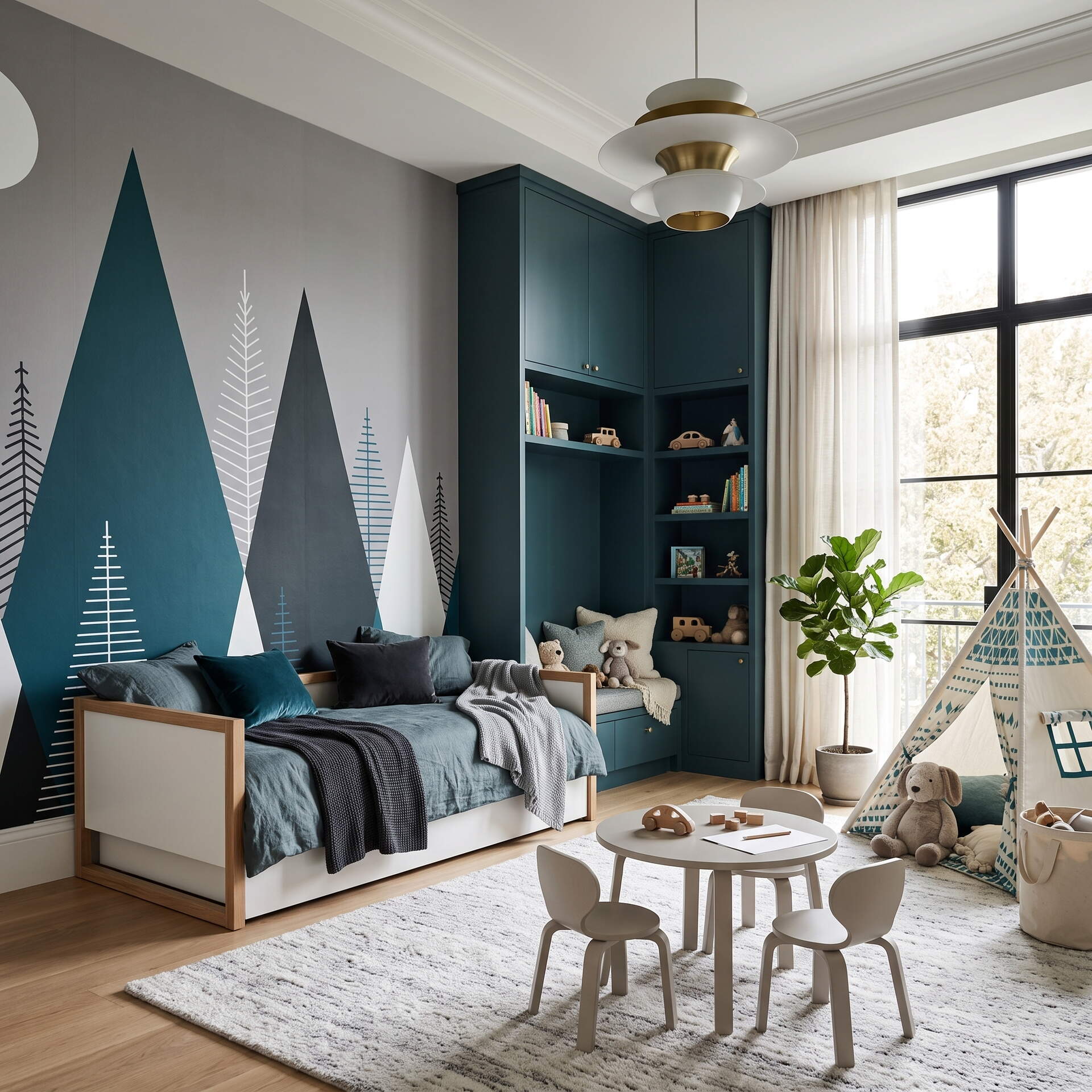 Modern Geometrik Dağ Ve Çam Ağacı Çocuk Odası Duvar Kağıdı