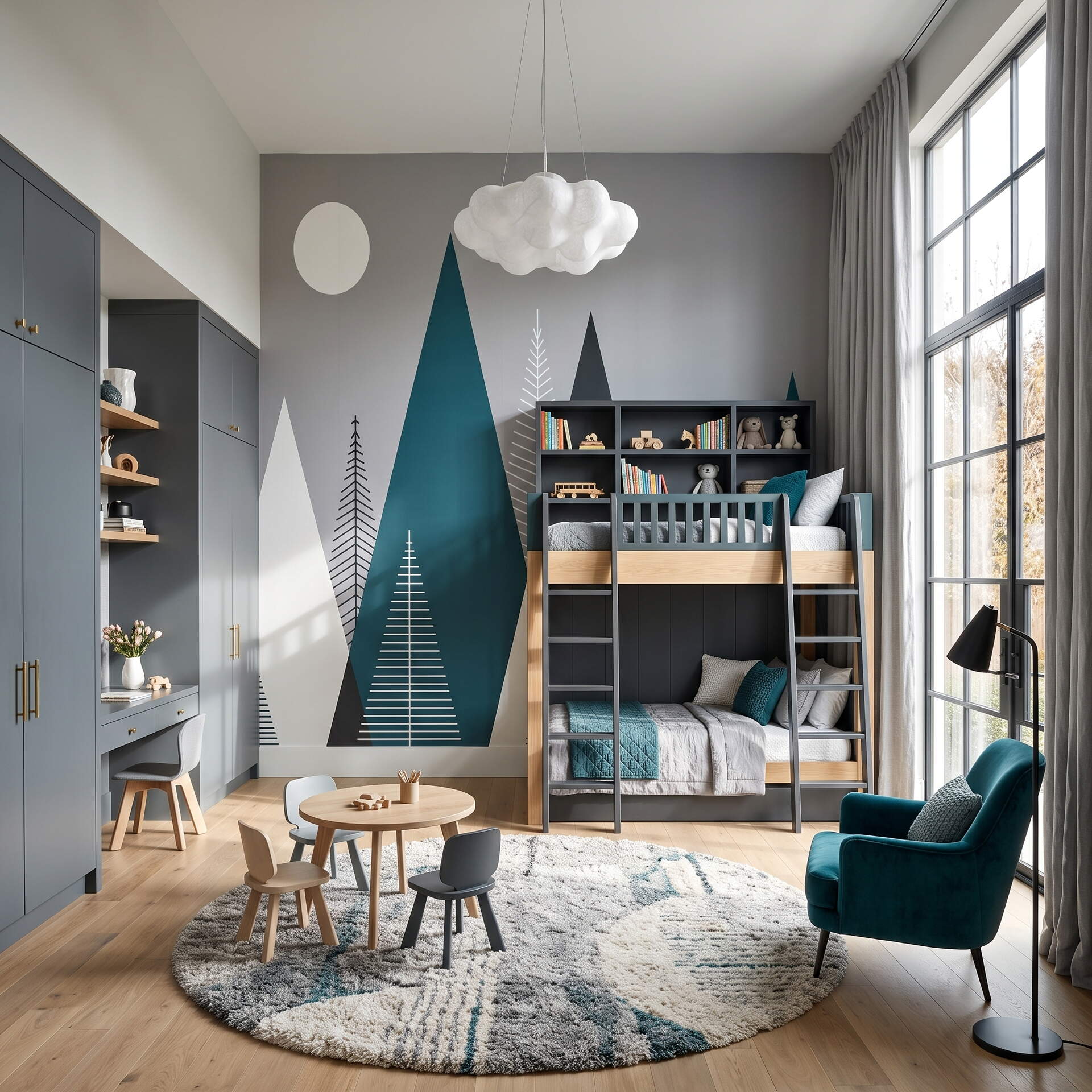 Modern Geometrik Dağ Ve Çam Ağacı Çocuk Odası Duvar Kağıdı