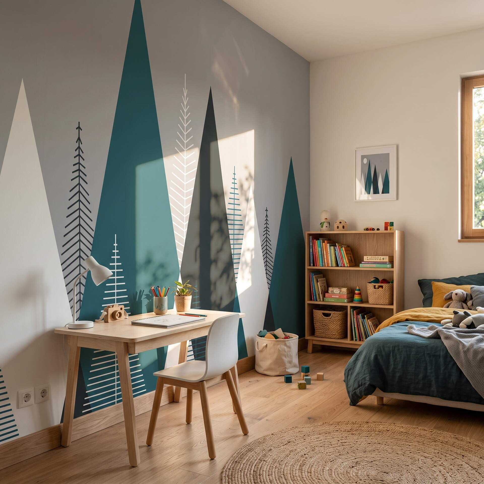 Modern Geometrik Dağ Ve Çam Ağacı Çocuk Odası Duvar Kağıdı