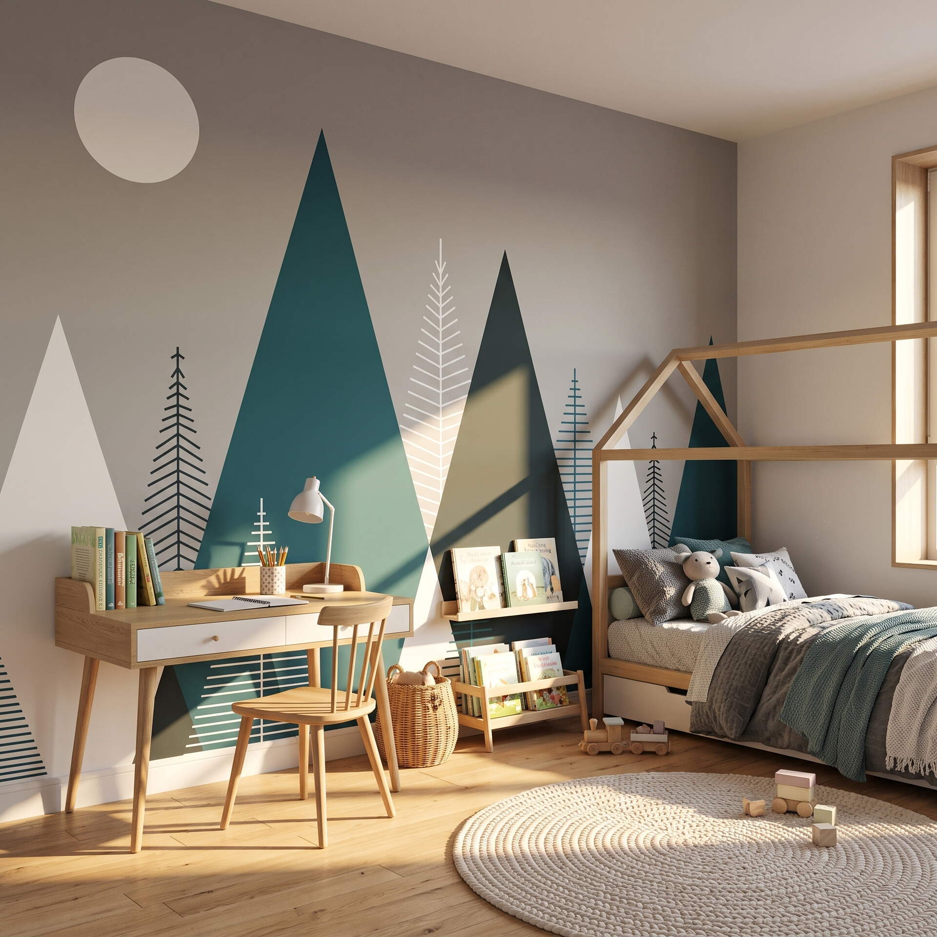 Modern Geometrik Dağ Ve Çam Ağacı Çocuk Odası Duvar Kağıdı