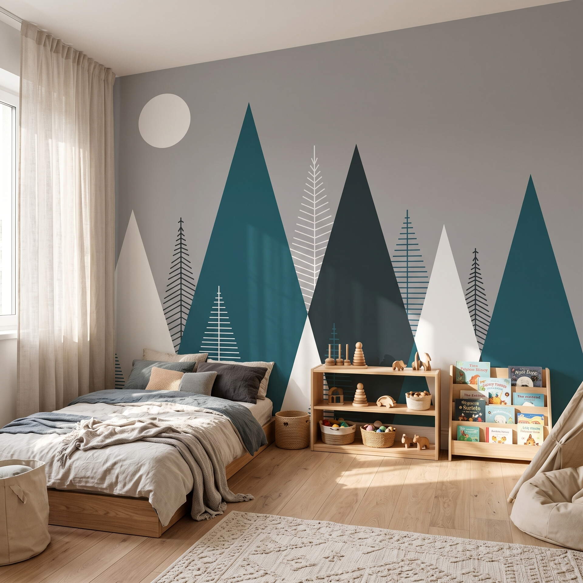 Modern Geometrik Dağ Ve Çam Ağacı Çocuk Odası Duvar Kağıdı