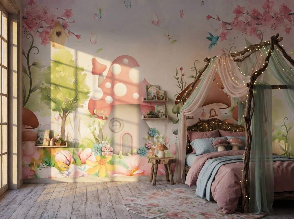 Pastel Pembe Mantar Evli Peri Bahçesi Çocuk Odası Duvar Kağıdı