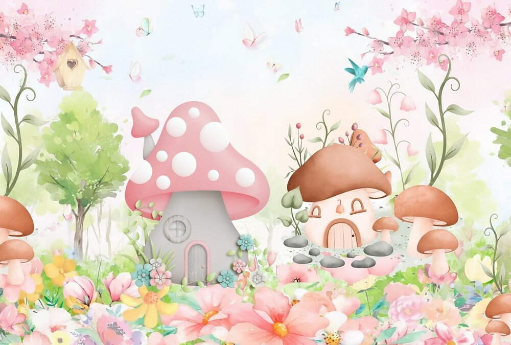 Pastel Pembe Mantar Evli Peri Bahçesi Çocuk Odası Duvar Kağıdı
