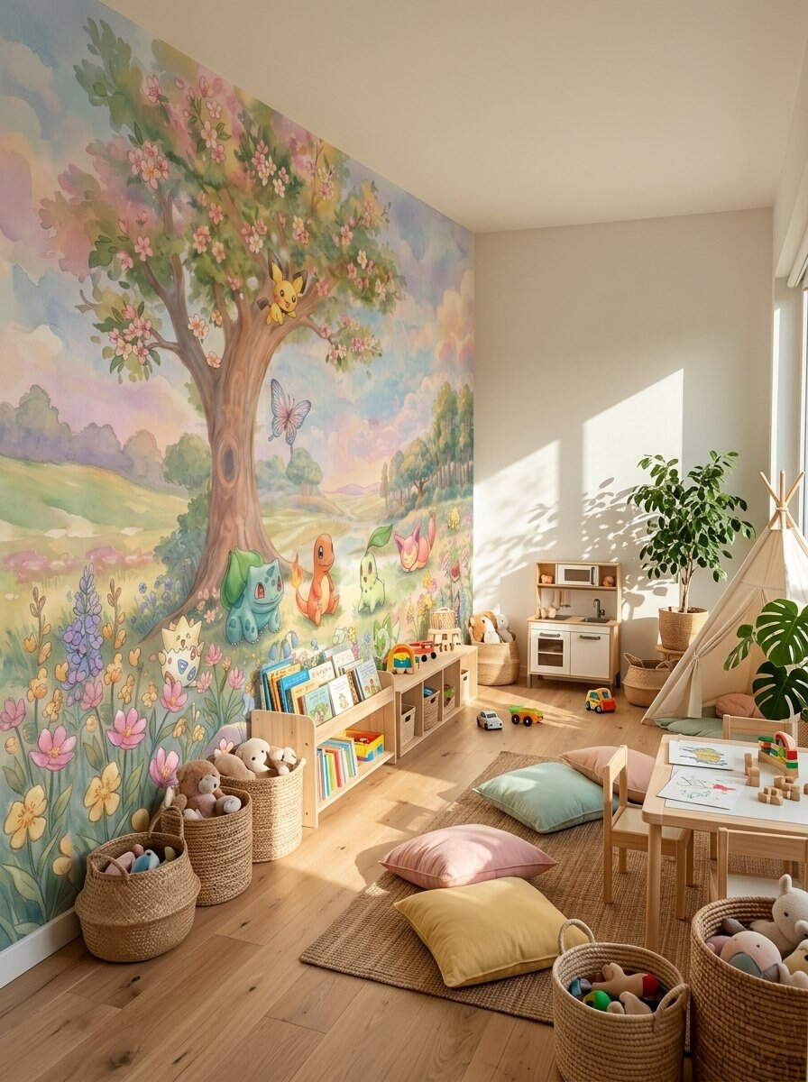 Pastel Sulu Boya Çiçekli Ağaç Çocuk Odası Duvar Kağıdı