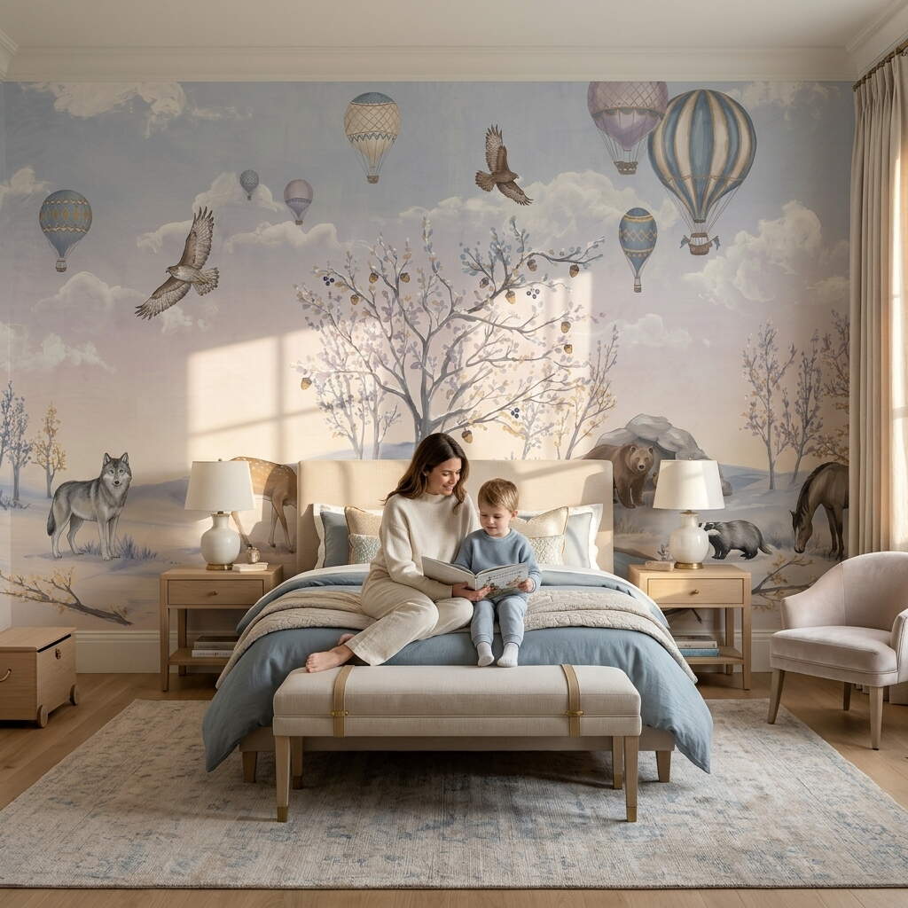 Pastel Tonlarda Orman Hayvanları Ve Uçan Balonlar Temalı Çocuk Odası Duvar Kağıdı