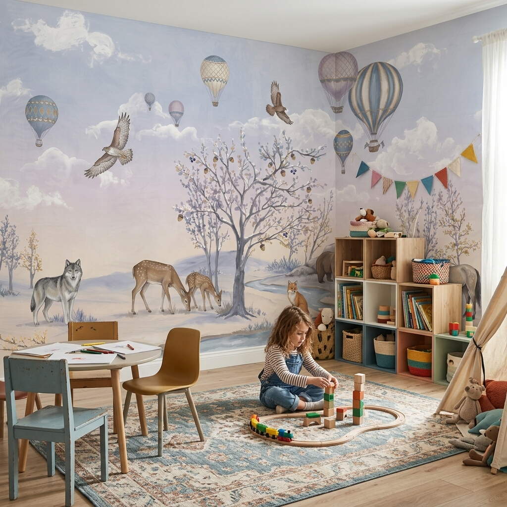 Pastel Tonlarda Orman Hayvanları Ve Uçan Balonlar Temalı Çocuk Odası Duvar Kağıdı
