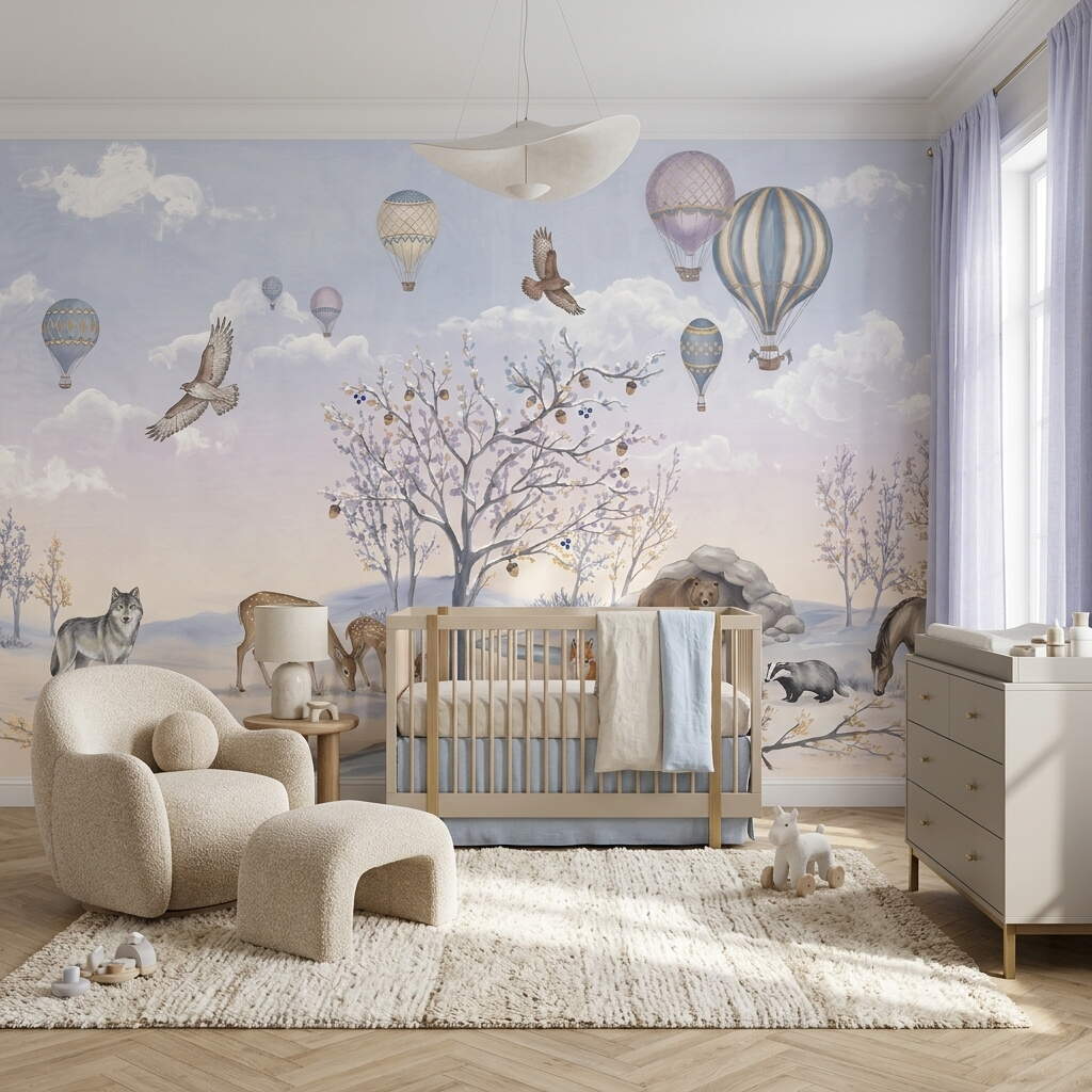 Pastel Tonlarda Orman Hayvanları Ve Uçan Balonlar Temalı Çocuk Odası Duvar Kağıdı