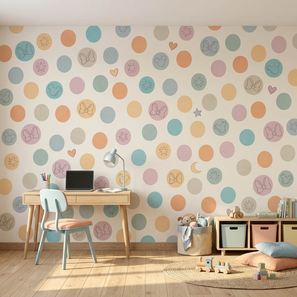 Pastel Tonlarda Puantiyeli Fiyonk Yıldız Ve Kalp Figürlü Çocuk Odası Duvar Kağıdı