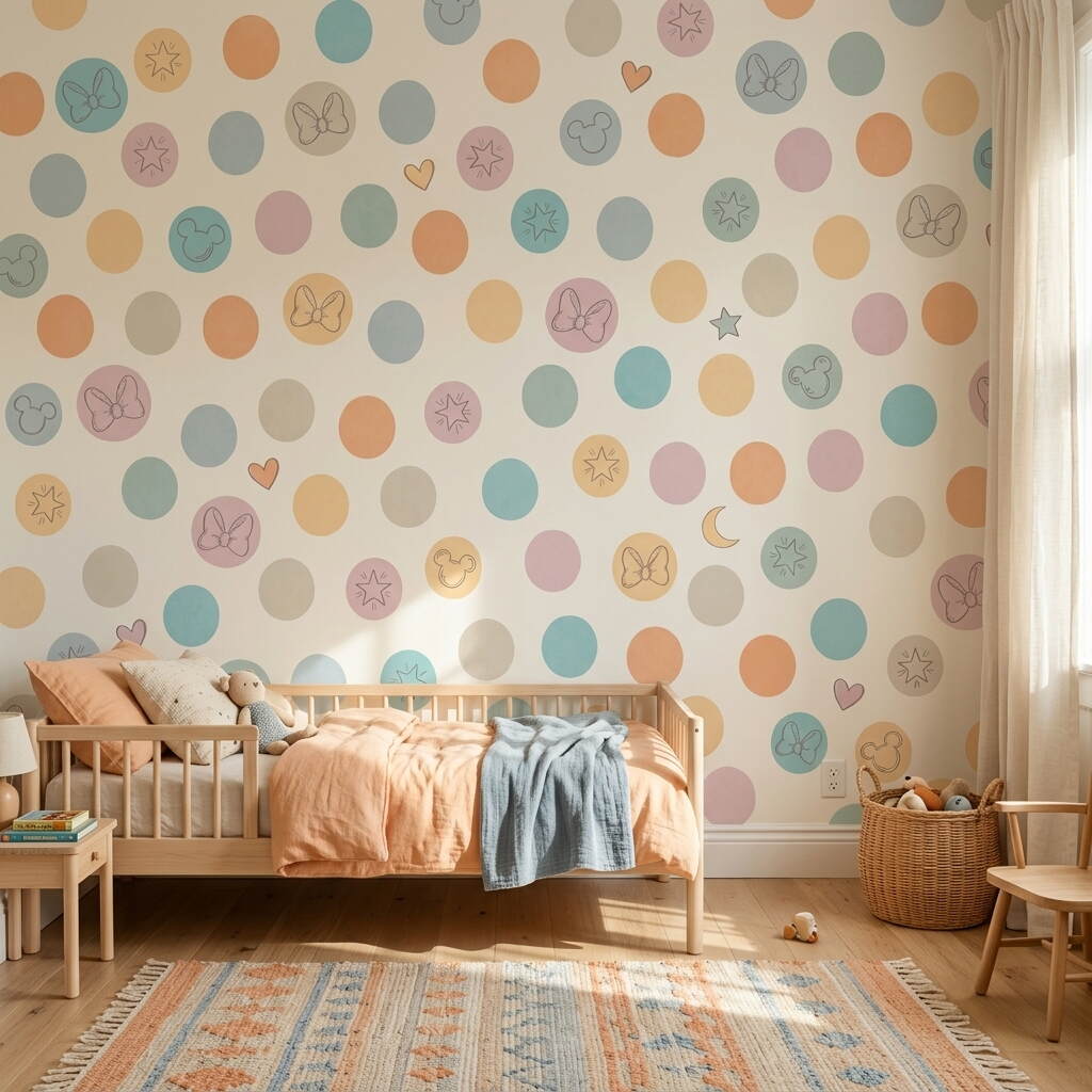 Pastel Tonlarda Puantiyeli Fiyonk Yıldız Ve Kalp Figürlü Çocuk Odası Duvar Kağıdı