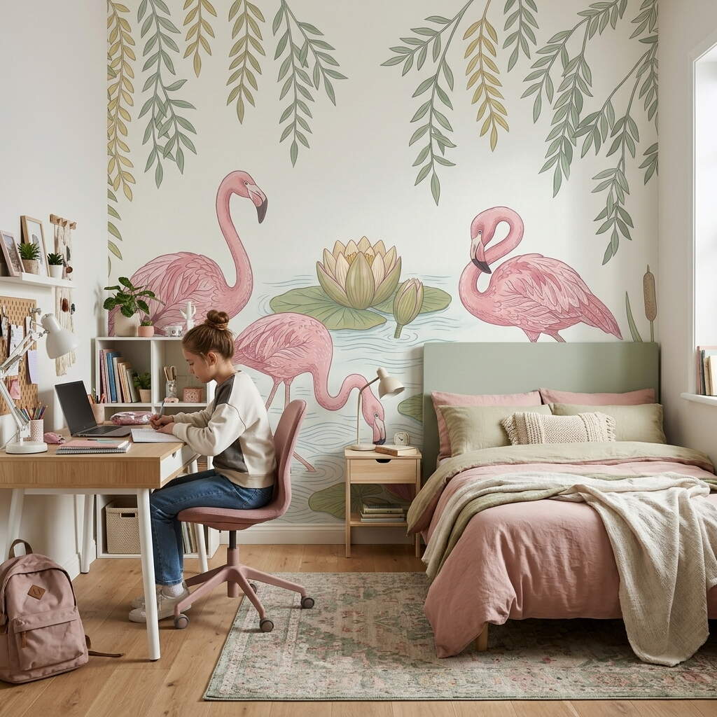 Pembe Flamingolar Ve Nilüfer Çiçekleri Temalı Çocuk Ve Genç Odası Duvar Kağıdı