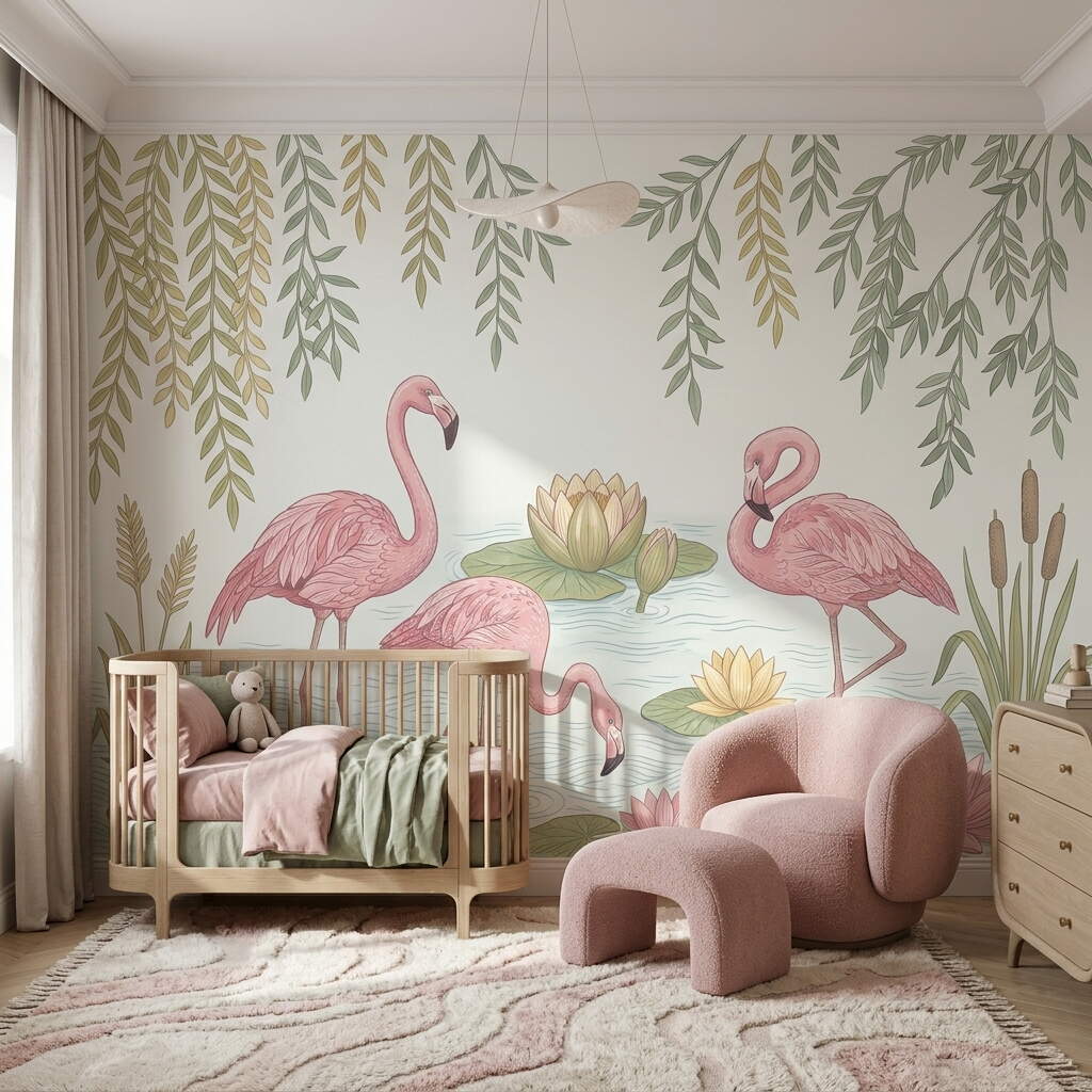 Pembe Flamingolar Ve Nilüfer Çiçekleri Temalı Çocuk Ve Genç Odası Duvar Kağıdı