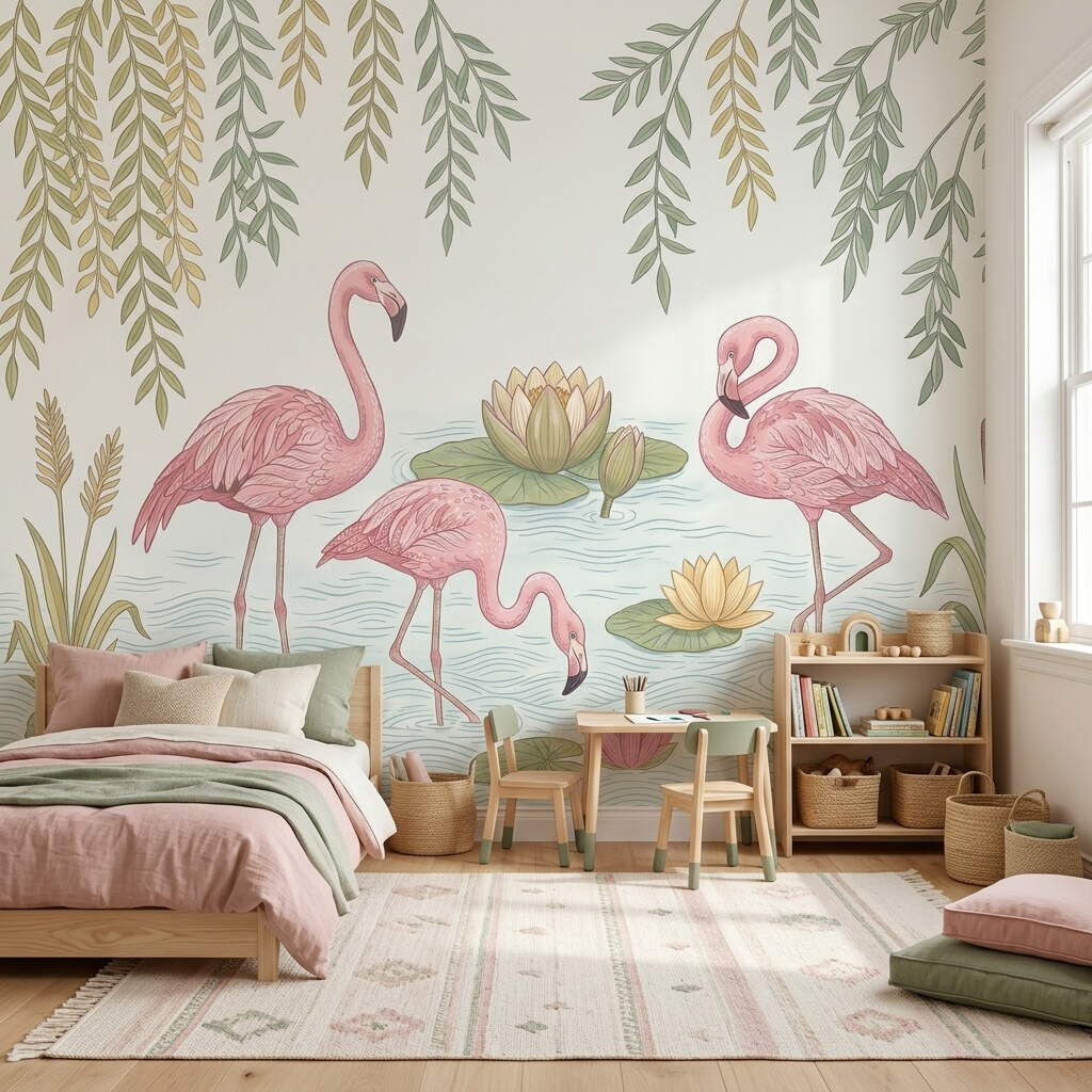Pembe Flamingolar Ve Nilüfer Çiçekleri Temalı Çocuk Ve Genç Odası Duvar Kağıdı