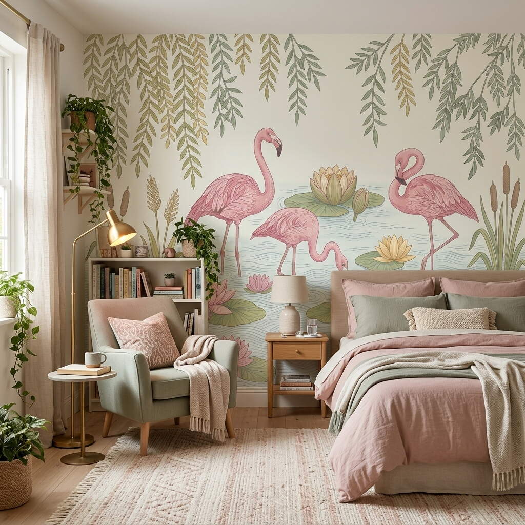 Pembe Flamingolar Ve Nilüfer Çiçekleri Temalı Çocuk Ve Genç Odası Duvar Kağıdı