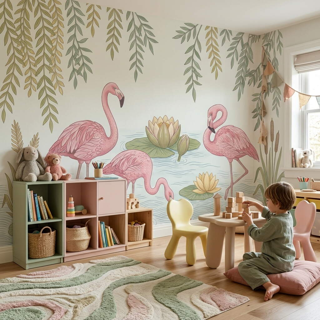 Pembe Flamingolar Ve Nilüfer Çiçekleri Temalı Çocuk Ve Genç Odası Duvar Kağıdı