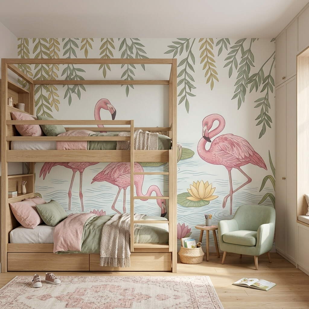 Pembe Flamingolar Ve Nilüfer Çiçekleri Temalı Çocuk Ve Genç Odası Duvar Kağıdı