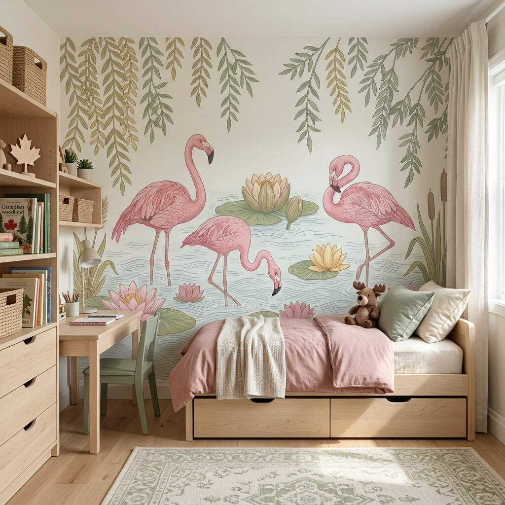 Pembe Flamingolar Ve Nilüfer Çiçekleri Temalı Çocuk Ve Genç Odası Duvar Kağıdı