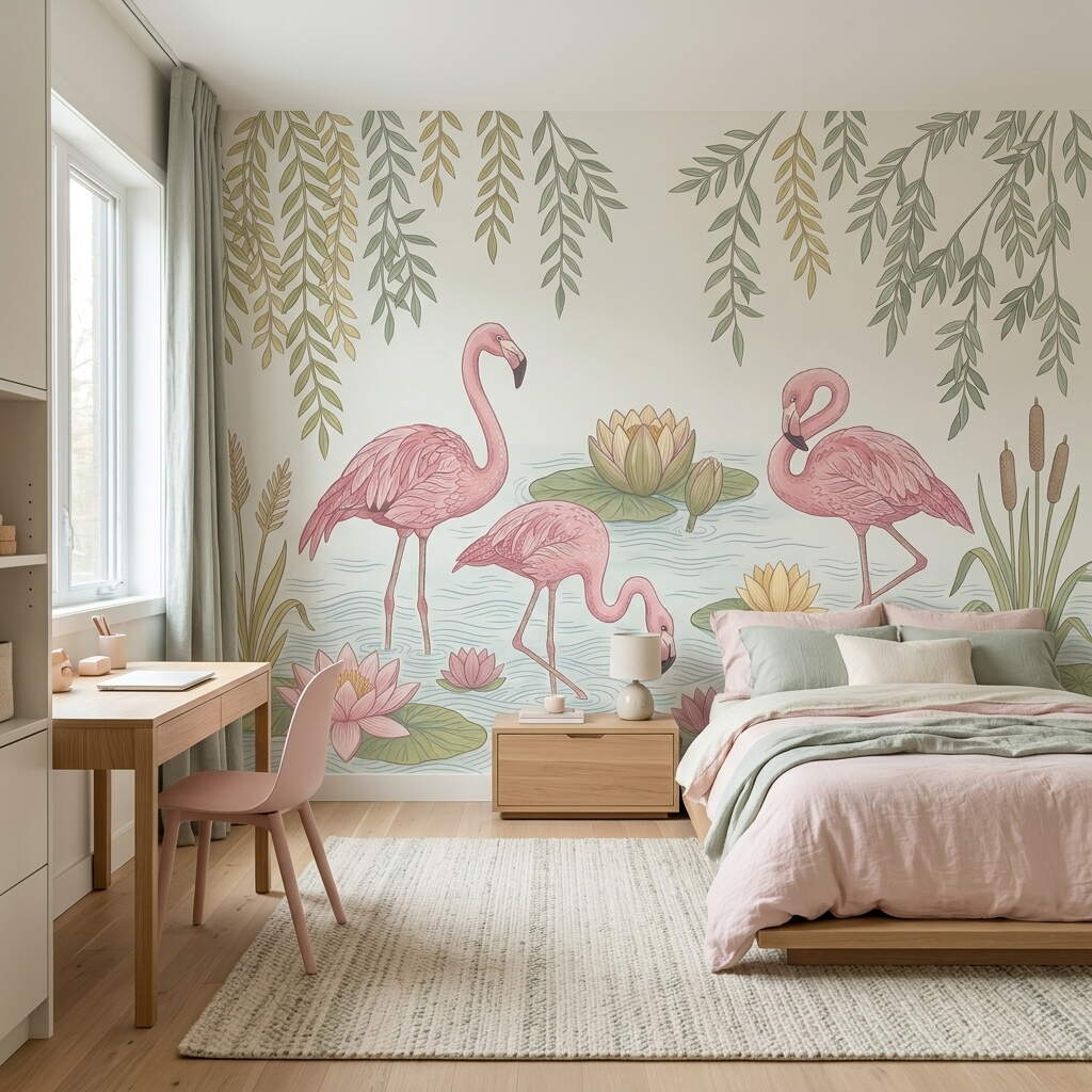 Pembe Flamingolar Ve Nilüfer Çiçekleri Temalı Çocuk Ve Genç Odası Duvar Kağıdı