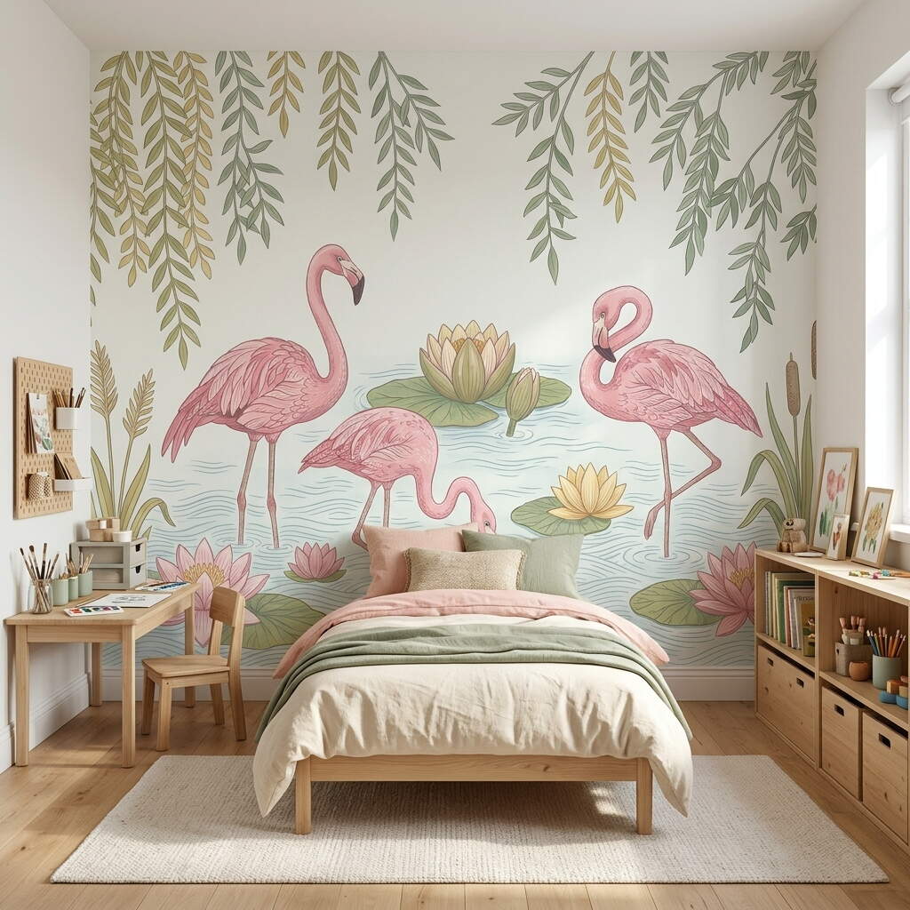 Pembe Flamingolar Ve Nilüfer Çiçekleri Temalı Çocuk Ve Genç Odası Duvar Kağıdı