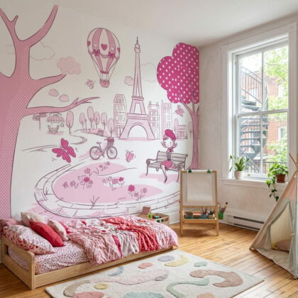Pembe Paris Temalı Eyfel Kulesi Çocuk Ve Genç Odası Duvar Kağıdı