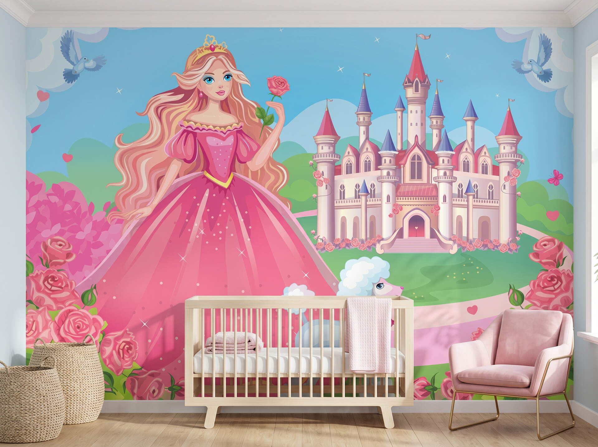 Pembe Prenses Şatosu Kız Çocuk Odası Duvar Kağıdı