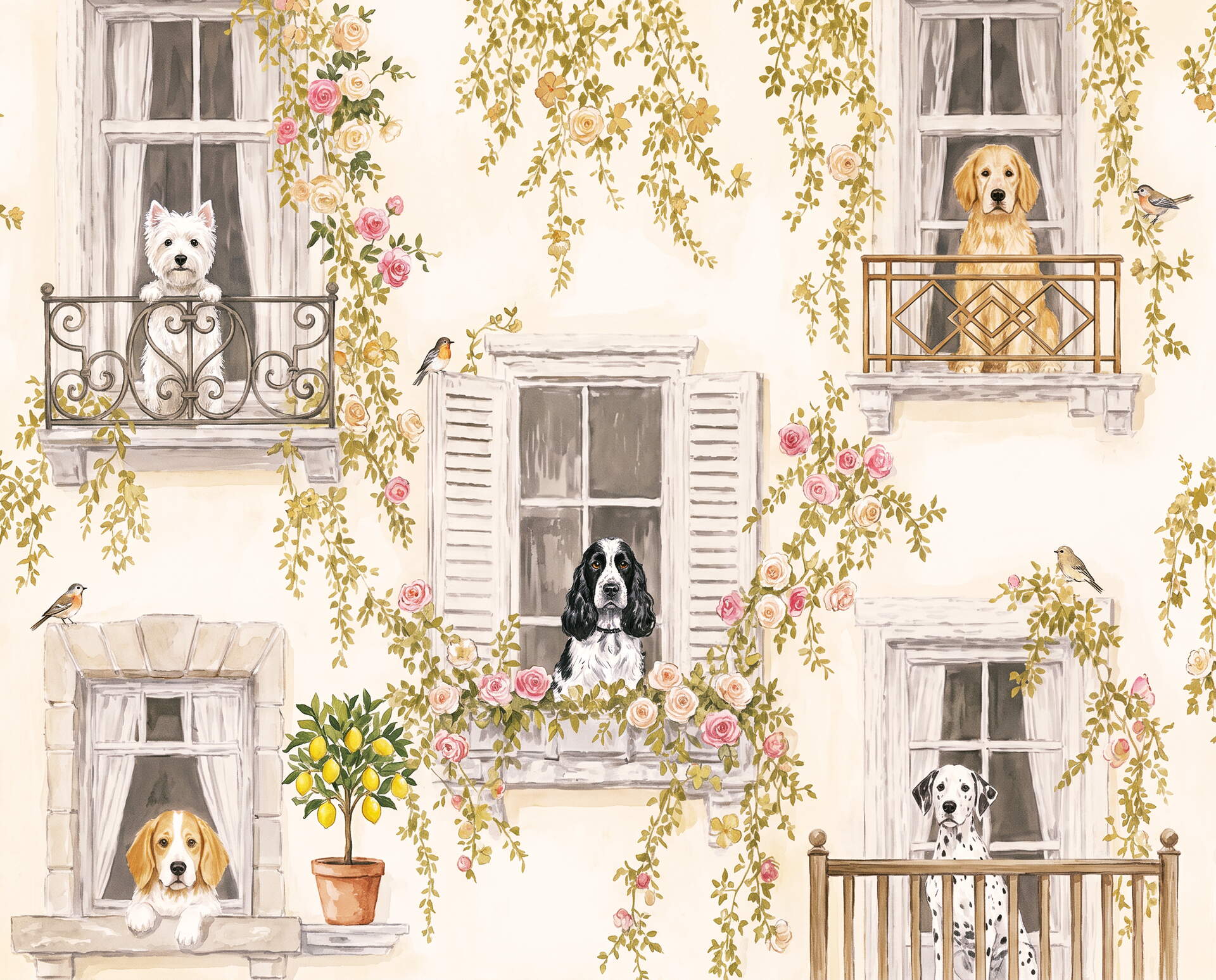 Pencere Ve Balkonda Köpekler Çocuk Odası Duvar Kağıdı