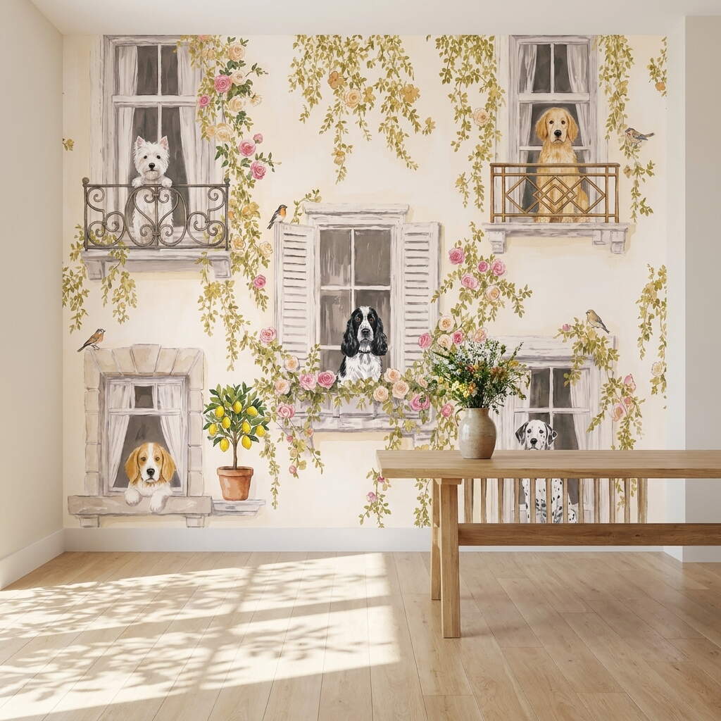 Pencere Ve Balkonda Köpekler Çocuk Odası Duvar Kağıdı