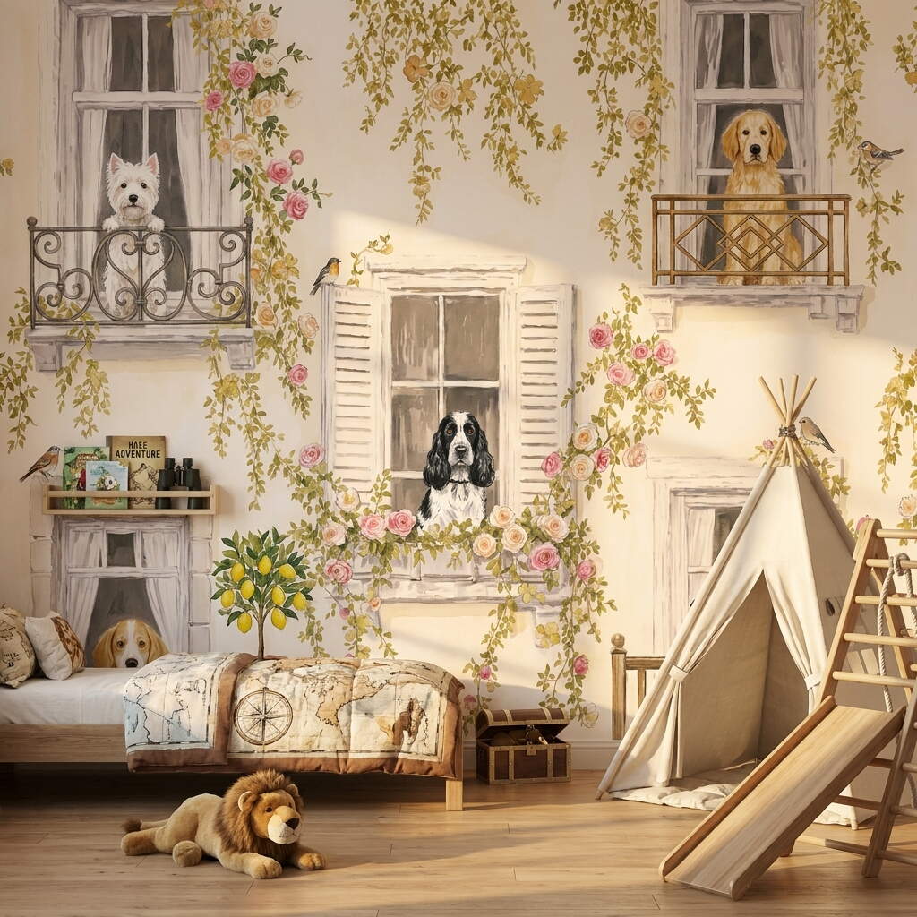Pencere Ve Balkonda Köpekler Çocuk Odası Duvar Kağıdı