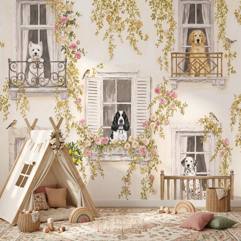 Pencere Ve Balkonda Köpekler Çocuk Odası Duvar Kağıdı