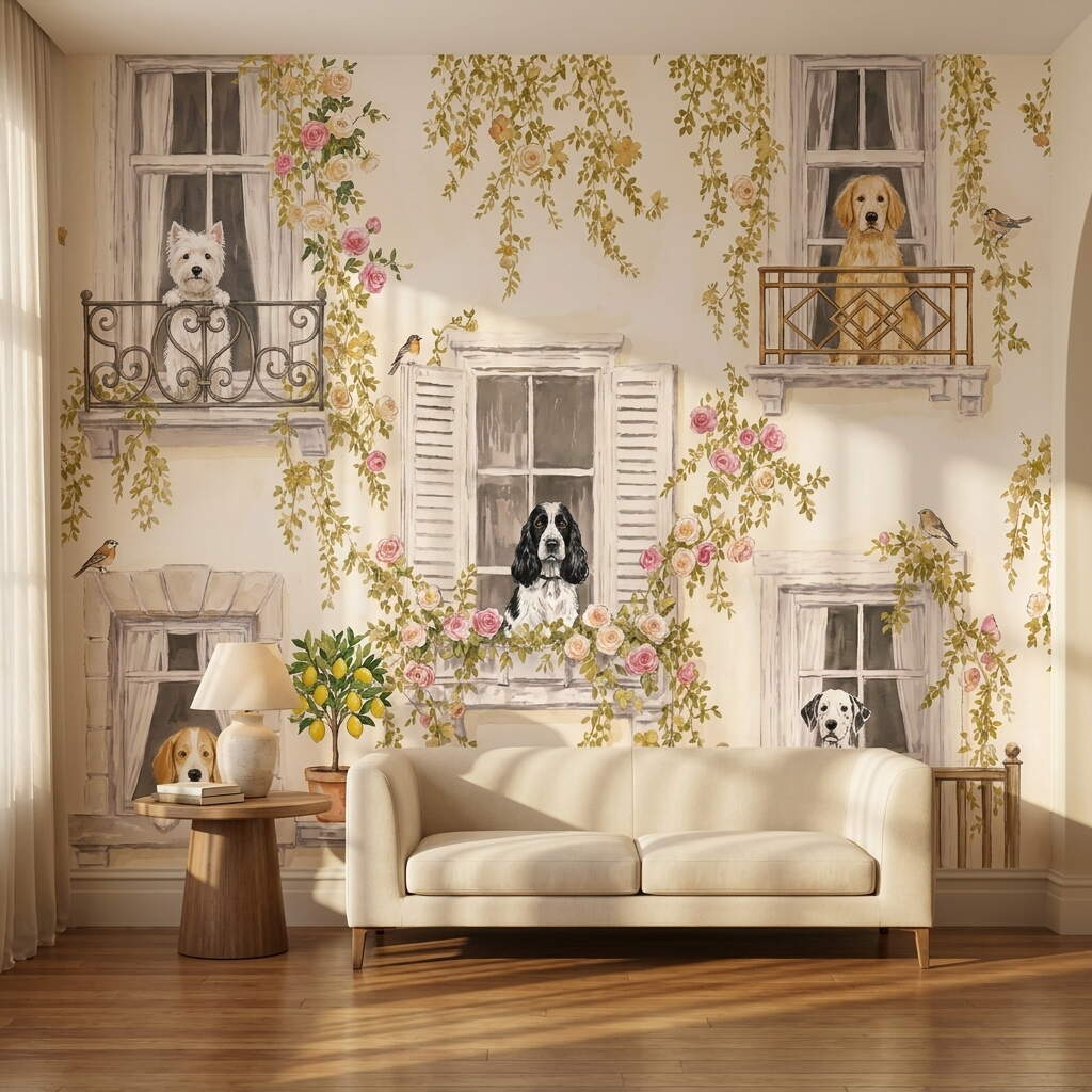 Pencere Ve Balkonda Köpekler Çocuk Odası Duvar Kağıdı