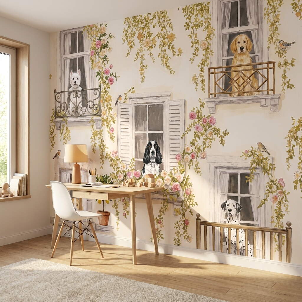 Pencere Ve Balkonda Köpekler Çocuk Odası Duvar Kağıdı