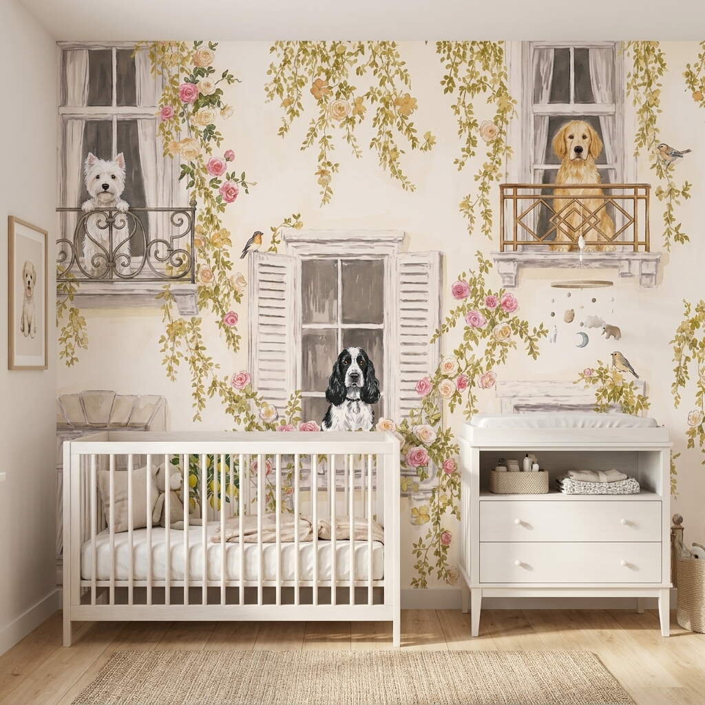 Pencere Ve Balkonda Köpekler Çocuk Odası Duvar Kağıdı