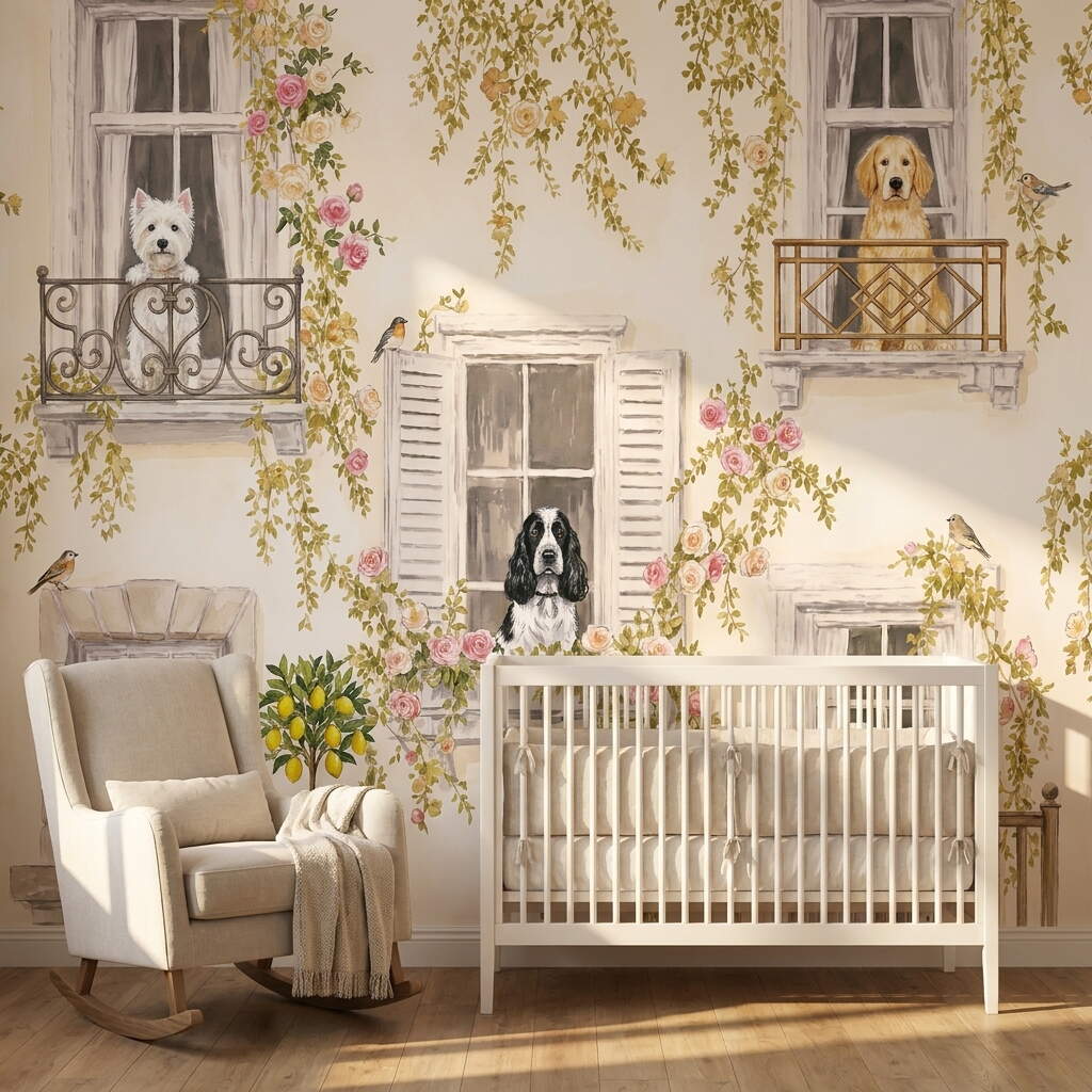 Pencere Ve Balkonda Köpekler Çocuk Odası Duvar Kağıdı