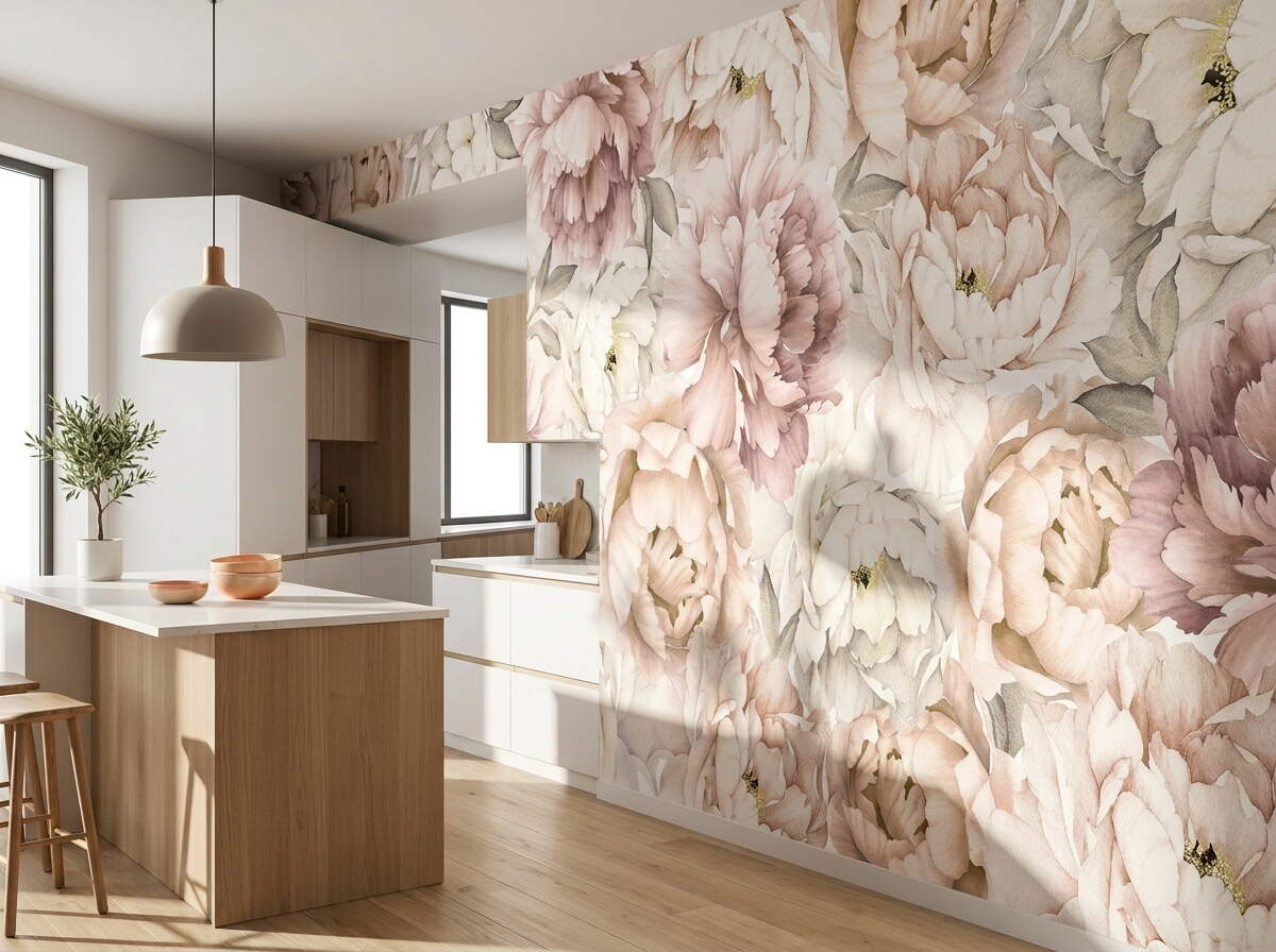 Pudra Pembe Şakayık Çiçekli Sulu Boya Salon Duvar Kağıdı