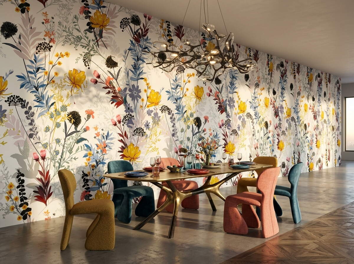 Renkli Kır Çiçekli Beyaz Zeminli Salon Duvar Kağıdı