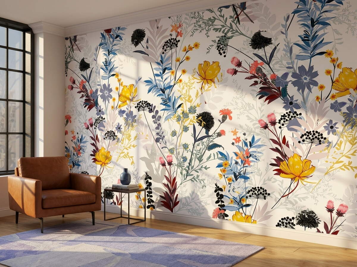 Renkli Kır Çiçekli Beyaz Zeminli Salon Duvar Kağıdı